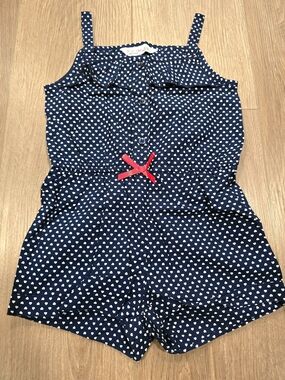 Beebay Girls Navy Heart Print Romper Red Bow Ruffle Summer‎ Outfit NWOT 2-3T